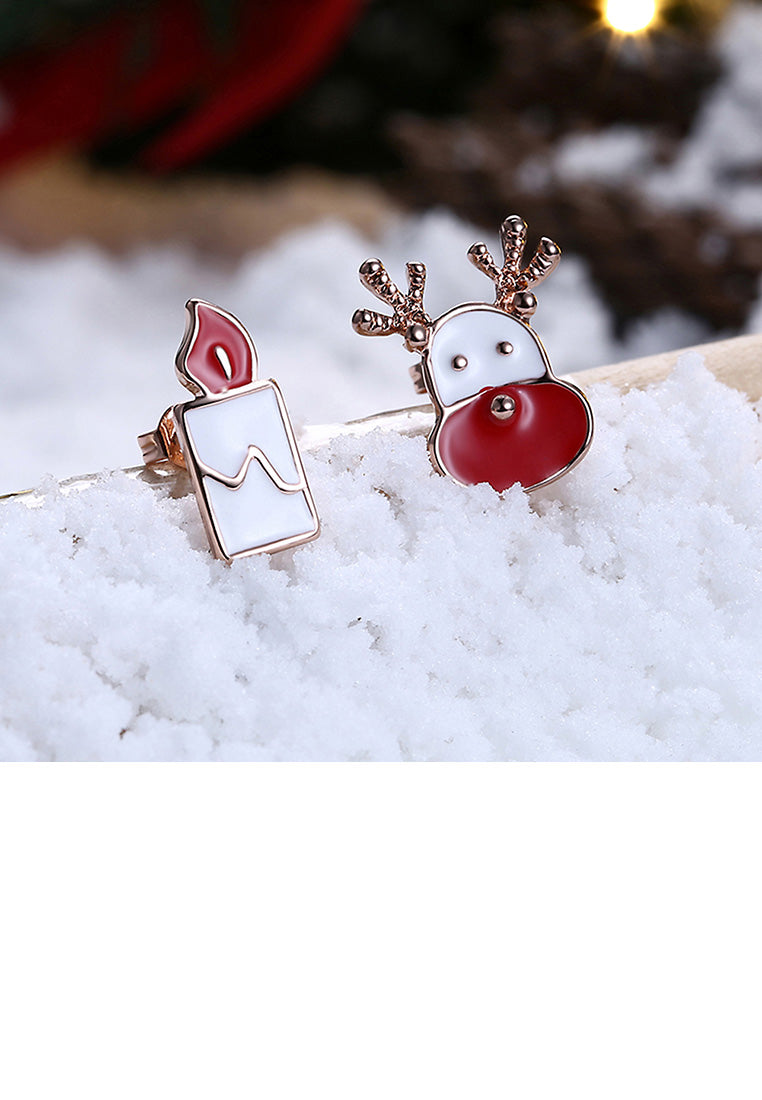 Fashion Romantic Plated Rose Gold Christmas Candle Elk Stud Earrings