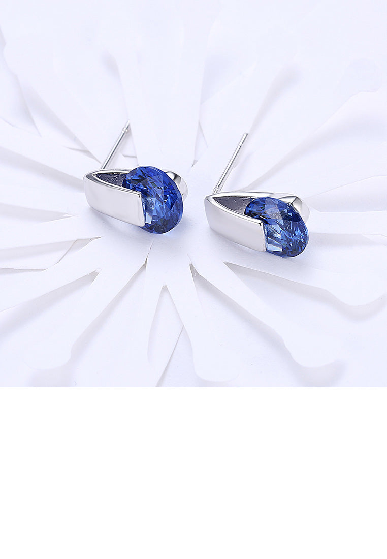 Simple and Fashion Geometric Round Blue Cubic Zircon Stud Earrings