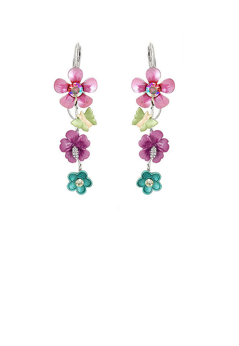 Pink and Blue Flower Earrings with Pink and Silver Austrian Element Crystals - Vibrant Color