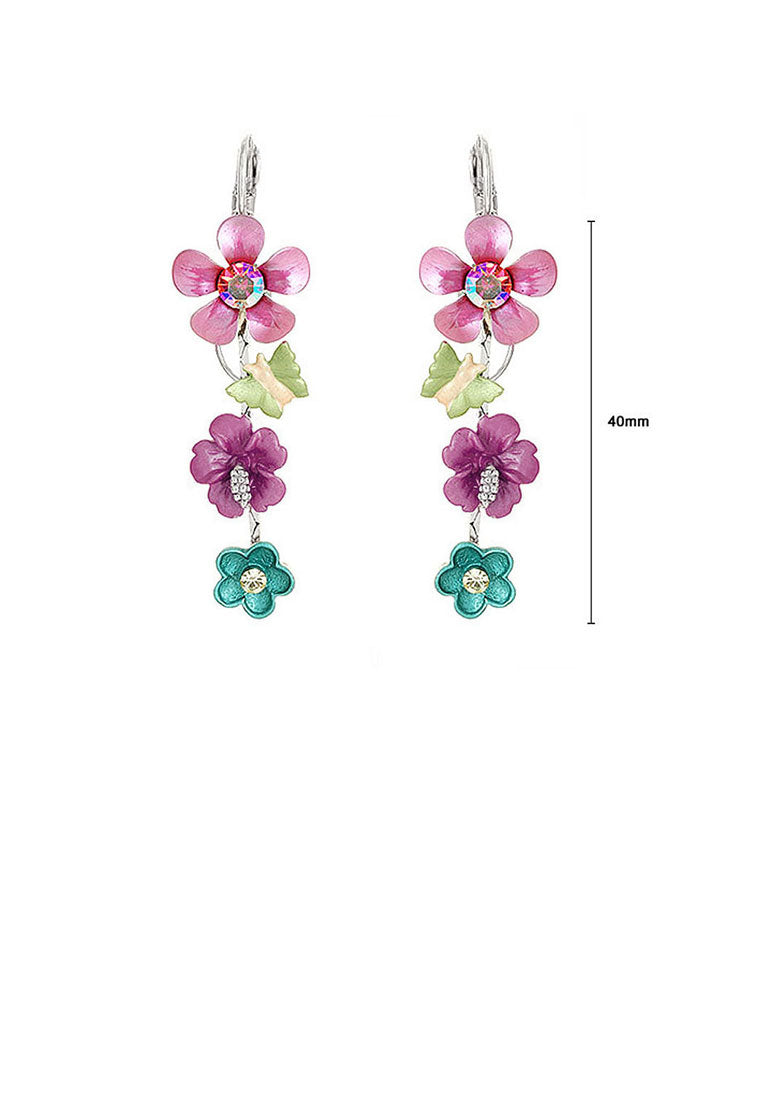 Pink and Blue Flower Earrings with Pink and Silver Austrian Element Crystals - Vibrant Color