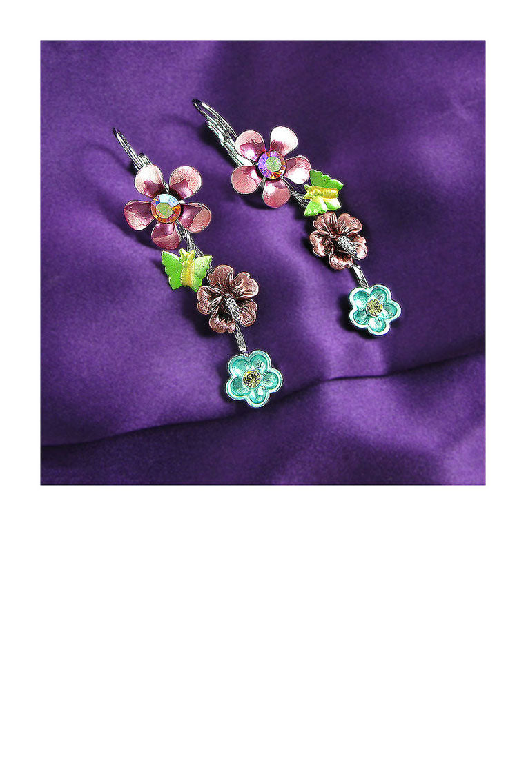 Pink and Blue Flower Earrings with Pink and Silver Austrian Element Crystals - Vibrant Color