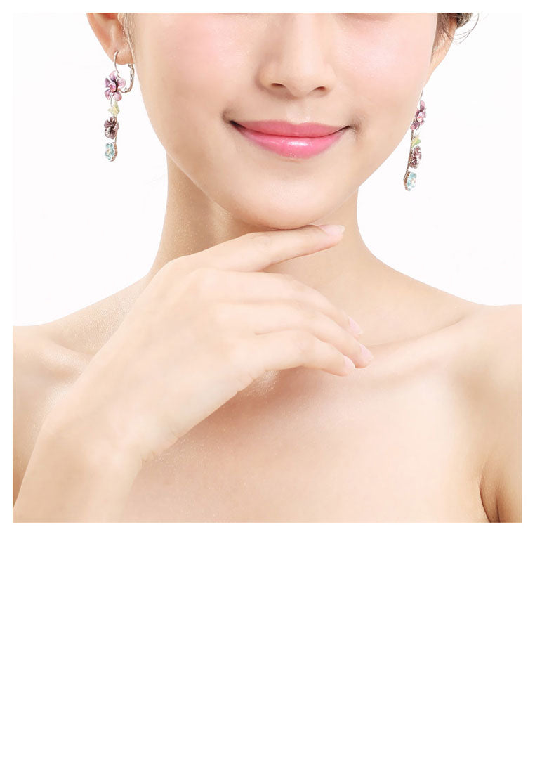 Pink and Blue Flower Earrings with Pink and Silver Austrian Element Crystals - Vibrant Color