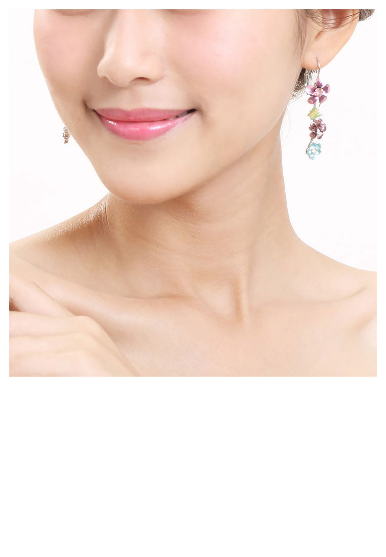 Pink and Blue Flower Earrings with Pink and Silver Austrian Element Crystals - Vibrant Color