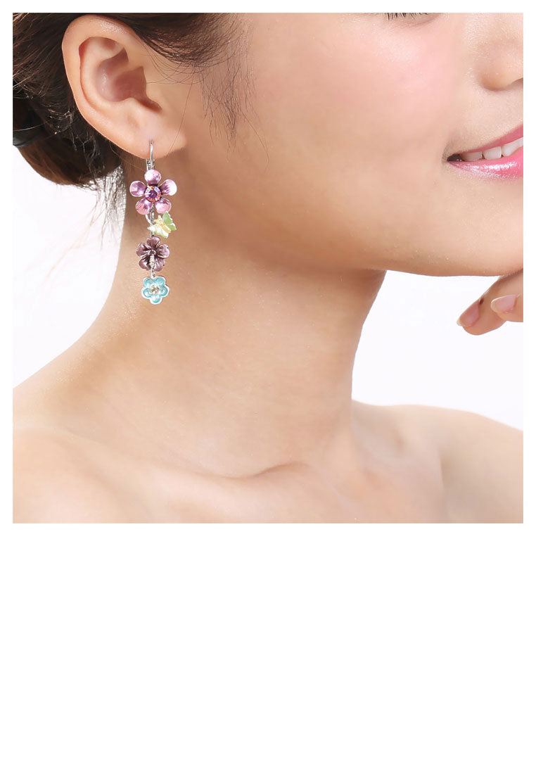 Pink and Blue Flower Earrings with Pink and Silver Austrian Element Crystals - Vibrant Color