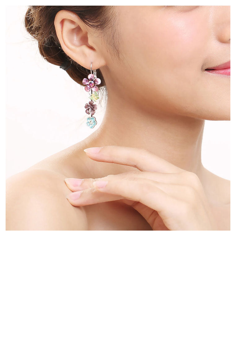 Pink and Blue Flower Earrings with Pink and Silver Austrian Element Crystals - Vibrant Color