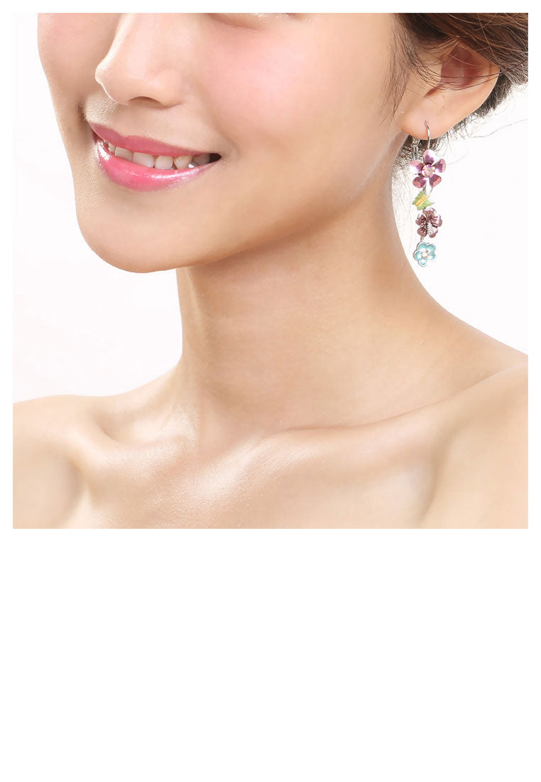 Pink and Blue Flower Earrings with Pink and Silver Austrian Element Crystals - Vibrant Color
