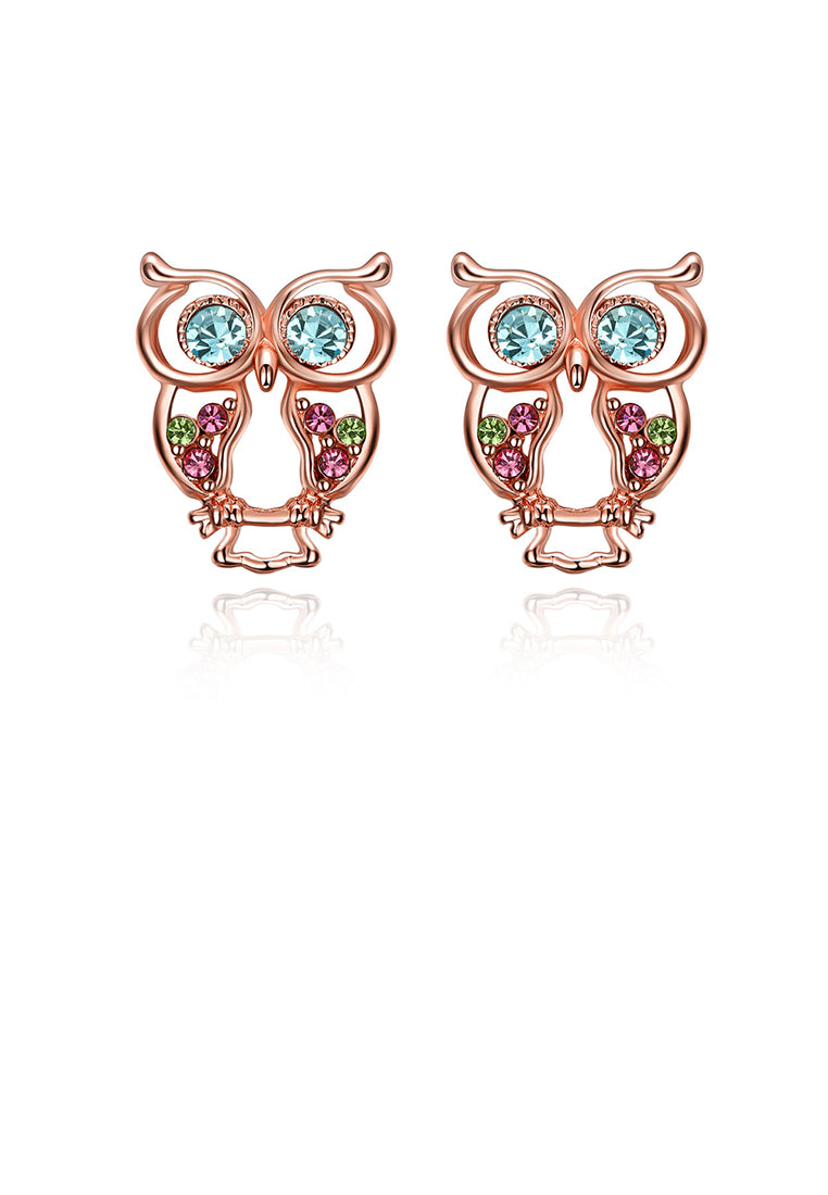 Fashion Cute Plated Rose Gold Owl Stud Earrings with Colorful Austrian Element Crystals