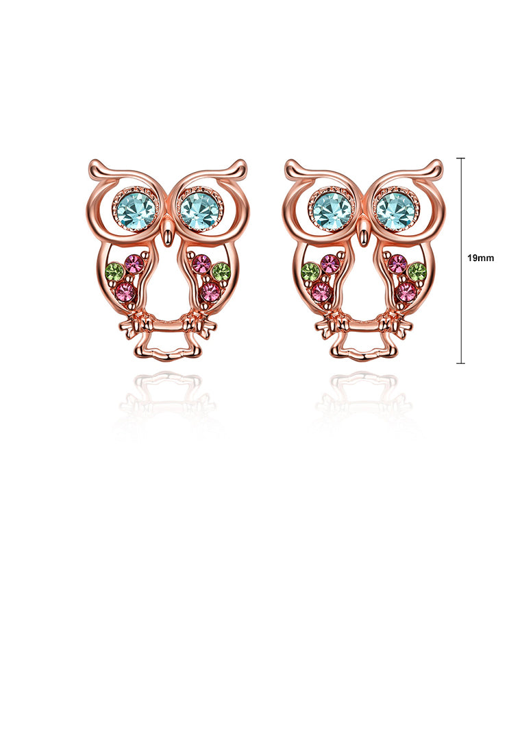 Fashion Cute Plated Rose Gold Owl Stud Earrings with Colorful Austrian Element Crystals