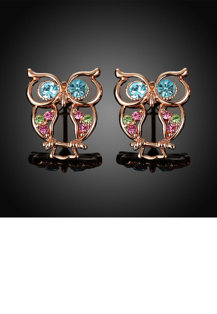Fashion Cute Plated Rose Gold Owl Stud Earrings with Colorful Austrian Element Crystals