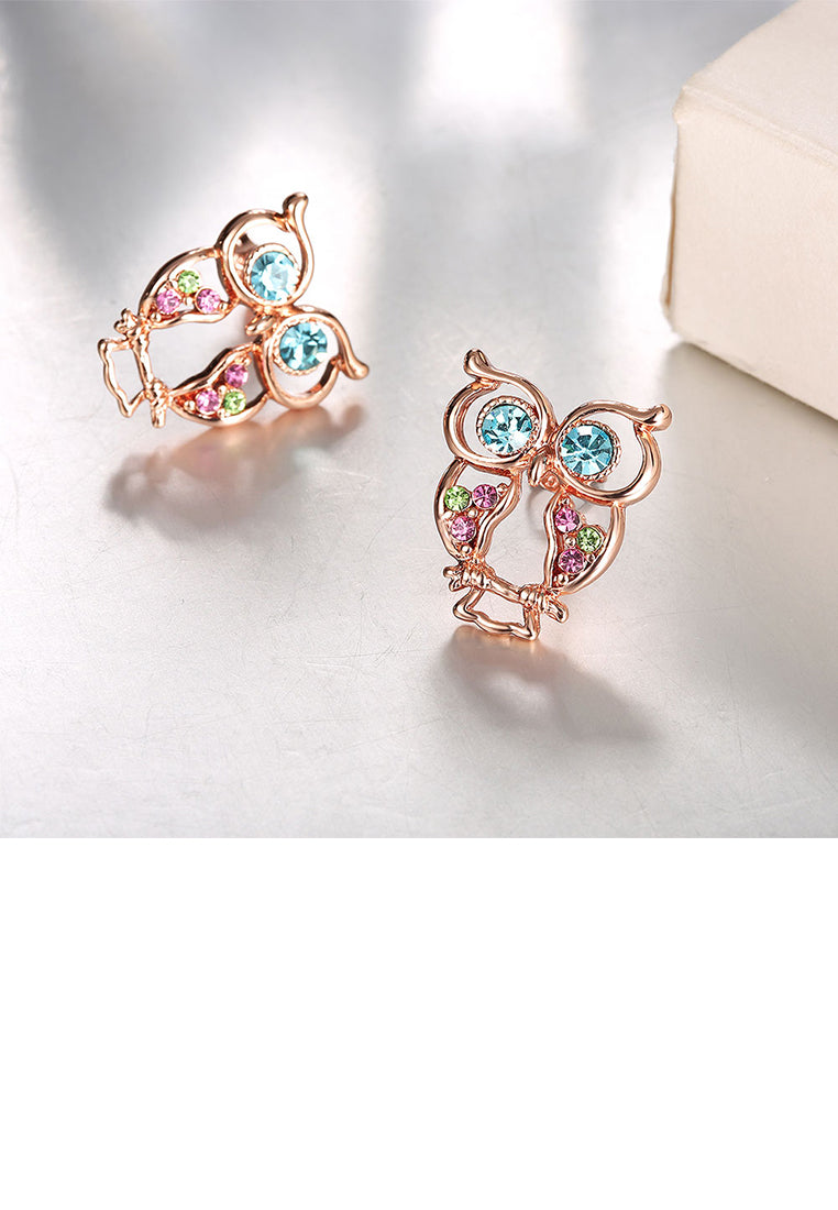 Fashion Cute Plated Rose Gold Owl Stud Earrings with Colorful Austrian Element Crystals