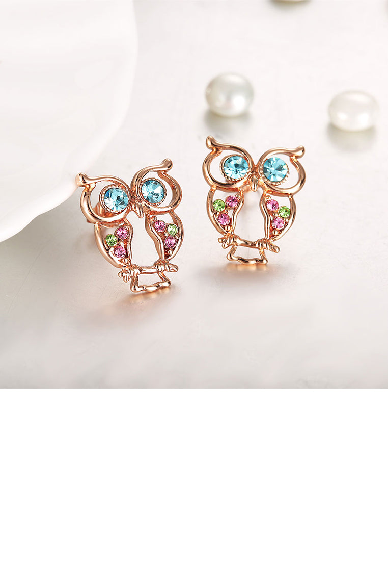 Fashion Cute Plated Rose Gold Owl Stud Earrings with Colorful Austrian Element Crystals