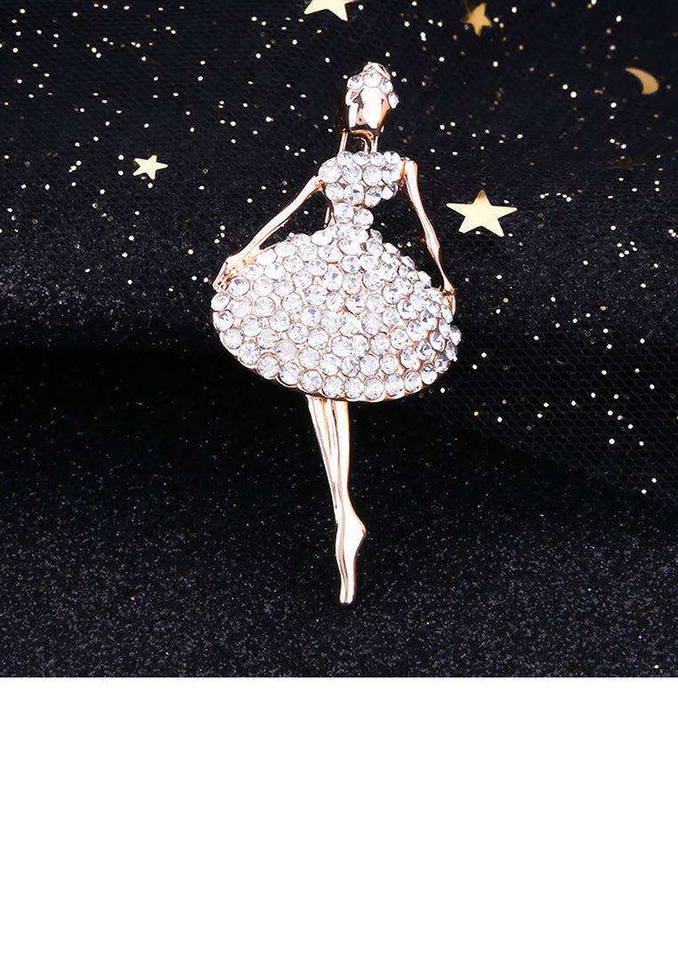 Fashion and Elegant Plated Gold Ballerina Brooch with Cubic Zirconia - Luxurious Look