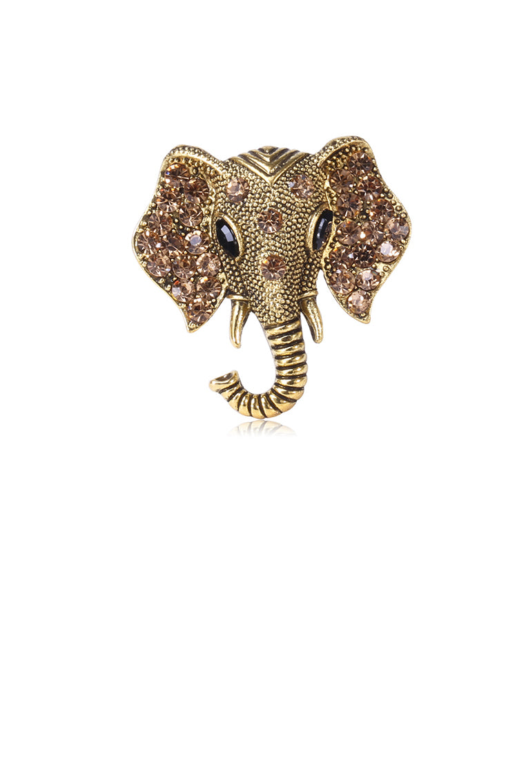 Fashion and Simple Plated Gold Elephant Brooch with Brown Cubic Zirconia - Luxurious Look - Vibrant Color