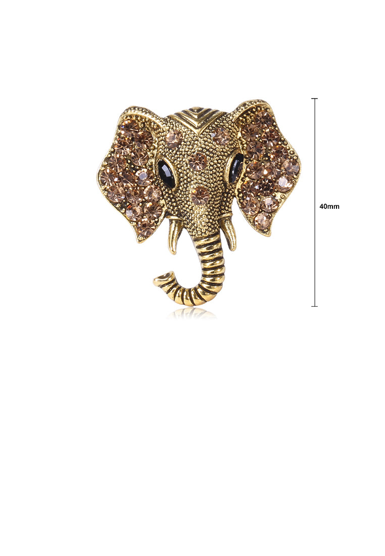 Fashion and Simple Plated Gold Elephant Brooch with Brown Cubic Zirconia - Luxurious Look - Vibrant Color