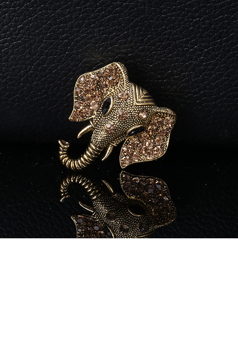 Fashion and Simple Plated Gold Elephant Brooch with Brown Cubic Zirconia - Luxurious Look - Vibrant Color