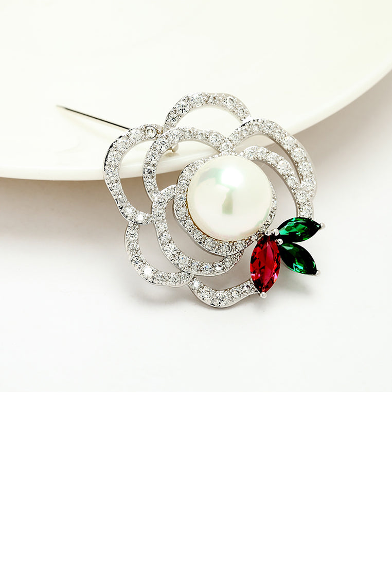 Elegant and Simple Hollow Flower Imitation Pearl Brooch with Cubic Zirconia - Luxurious Look