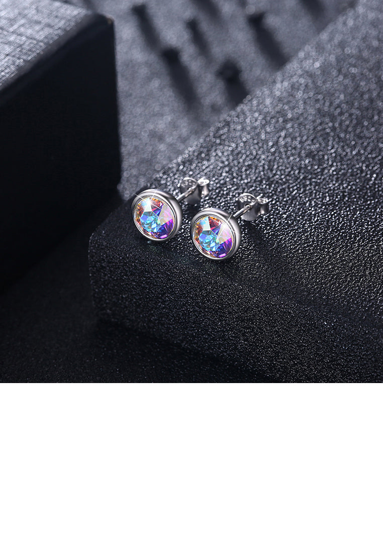 925 Sterling Silver Simple Round Stud Earrings with Silver Austrian Element Crystal