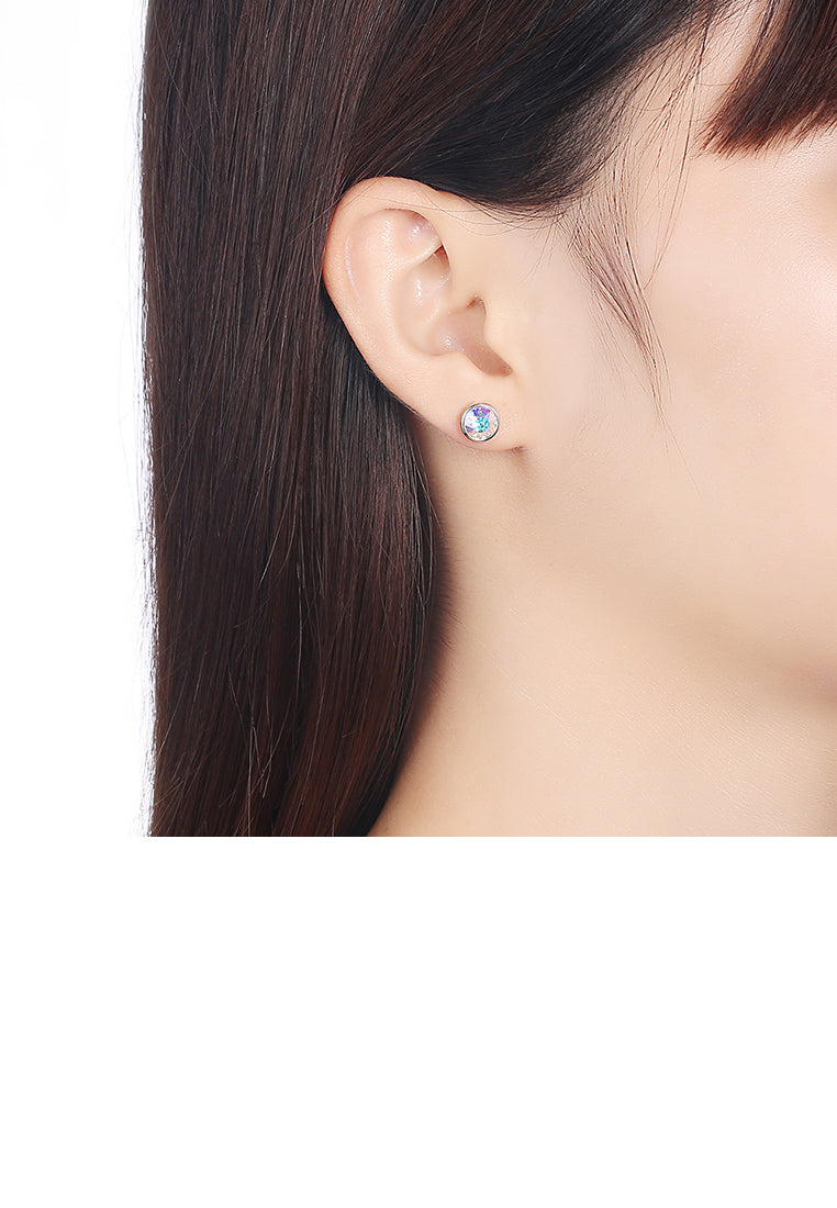 925 Sterling Silver Simple Round Stud Earrings with Silver Austrian Element Crystal