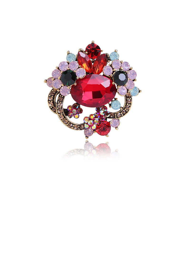 Elegant and Fashion Plated Gold Geometric Pattern Brooch with Red Cubic Zirconia - Luxurious Look - Vibrant Color