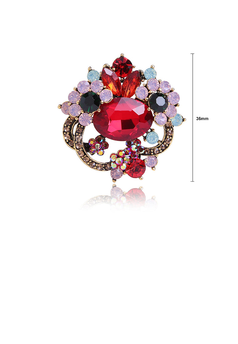 Elegant and Fashion Plated Gold Geometric Pattern Brooch with Red Cubic Zirconia - Luxurious Look - Vibrant Color