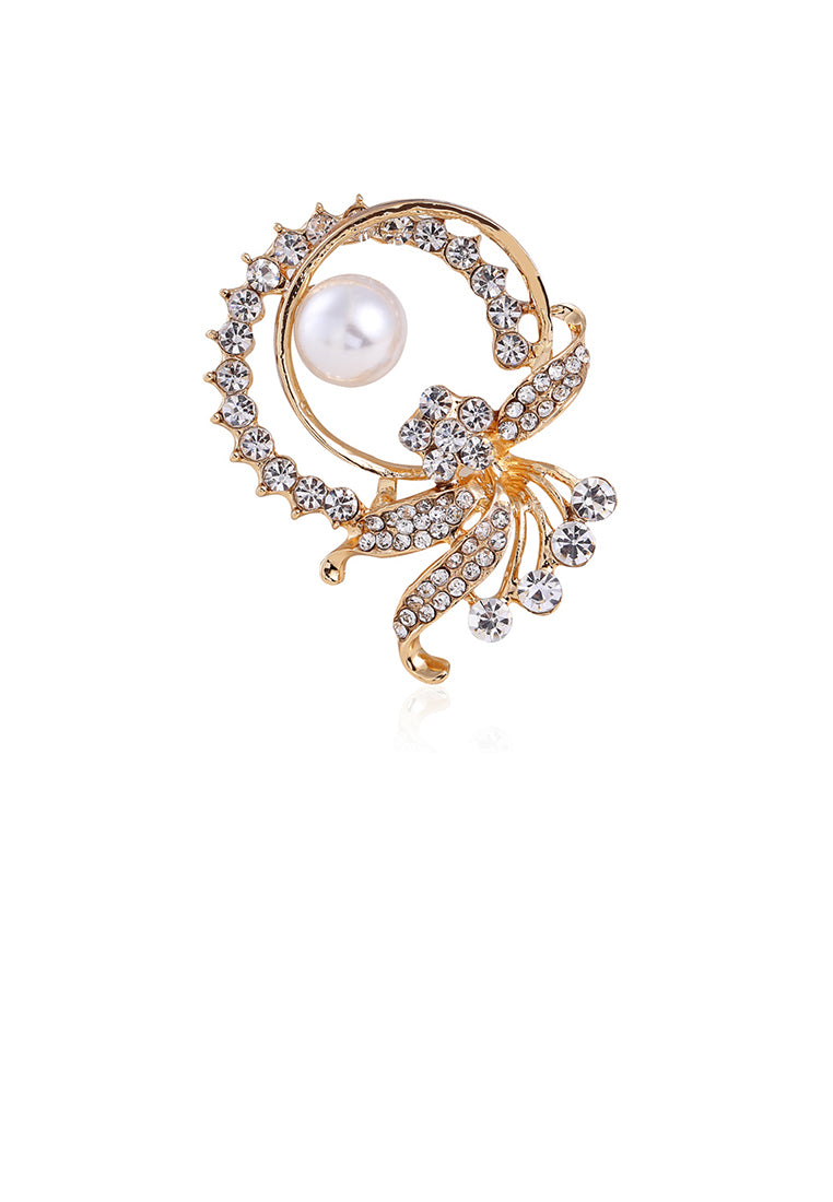 Fashion and Elegant Plated Gold Geometric Flower Imitation Pearl Brooch with Cubic Zirconia - Luxurious Look