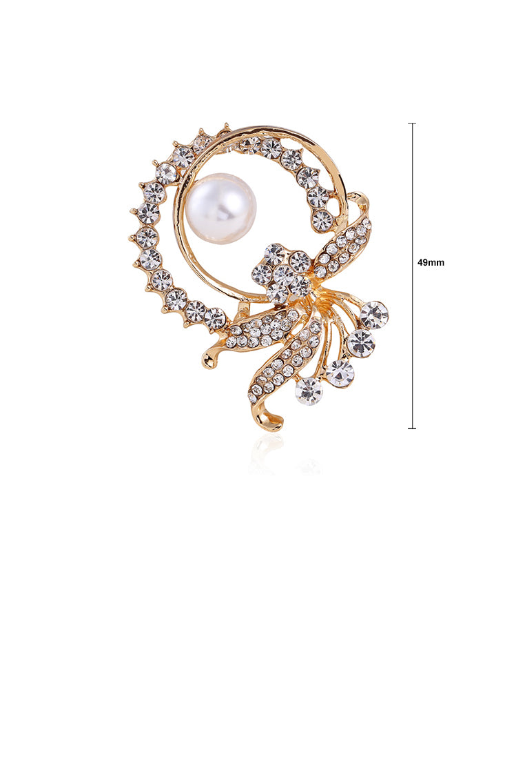 Fashion and Elegant Plated Gold Geometric Flower Imitation Pearl Brooch with Cubic Zirconia - Luxurious Look