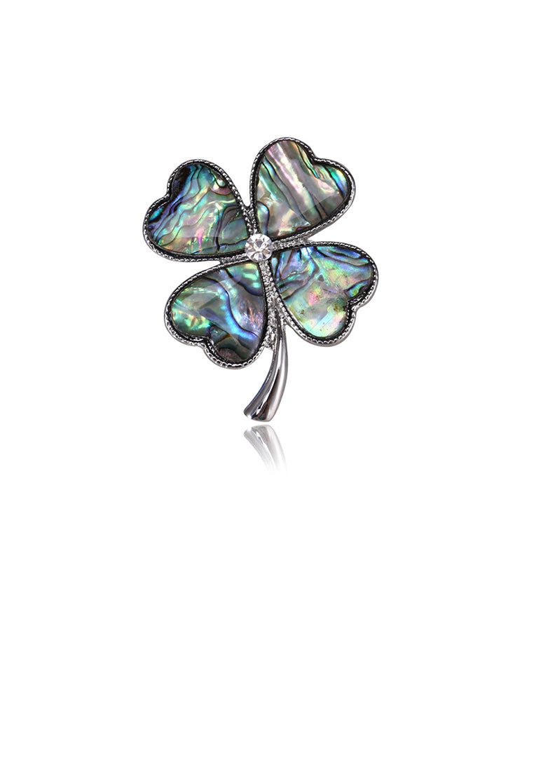 Fashion and Elegant Four-leaf Clover Blue Shell Brooch with Cubic Zirconia - Luxurious Look