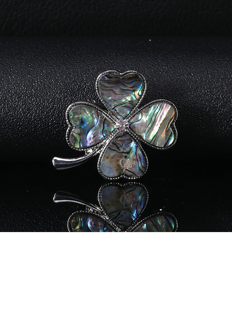 Fashion and Elegant Four-leaf Clover Blue Shell Brooch with Cubic Zirconia - Luxurious Look