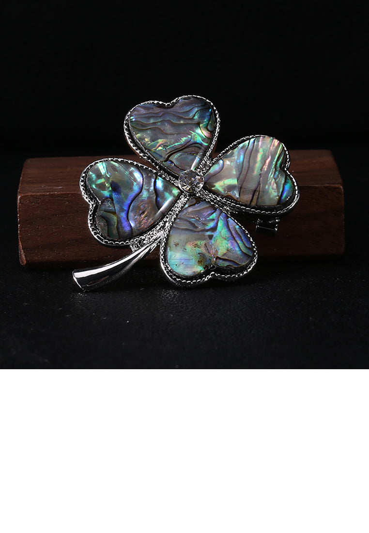 Fashion and Elegant Four-leaf Clover Blue Shell Brooch with Cubic Zirconia - Luxurious Look
