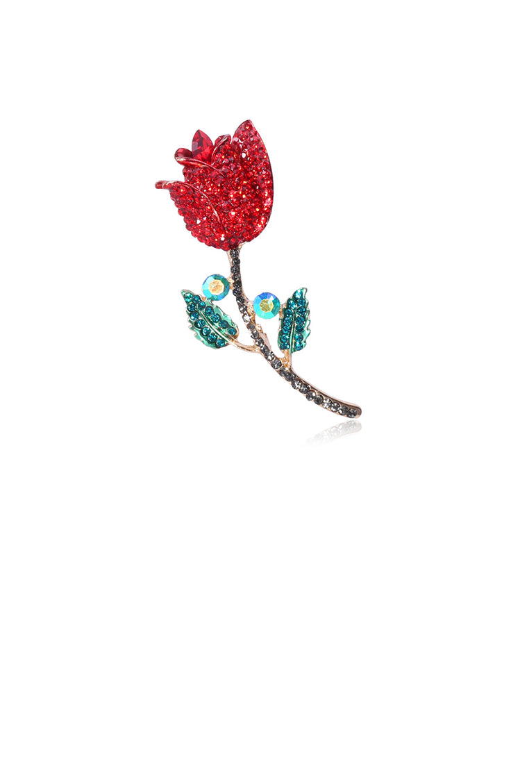 Fashion and Dazzling Plated Gold Rose Brooch with Red Cubic Zirconia - Luxurious Look - Vibrant Color