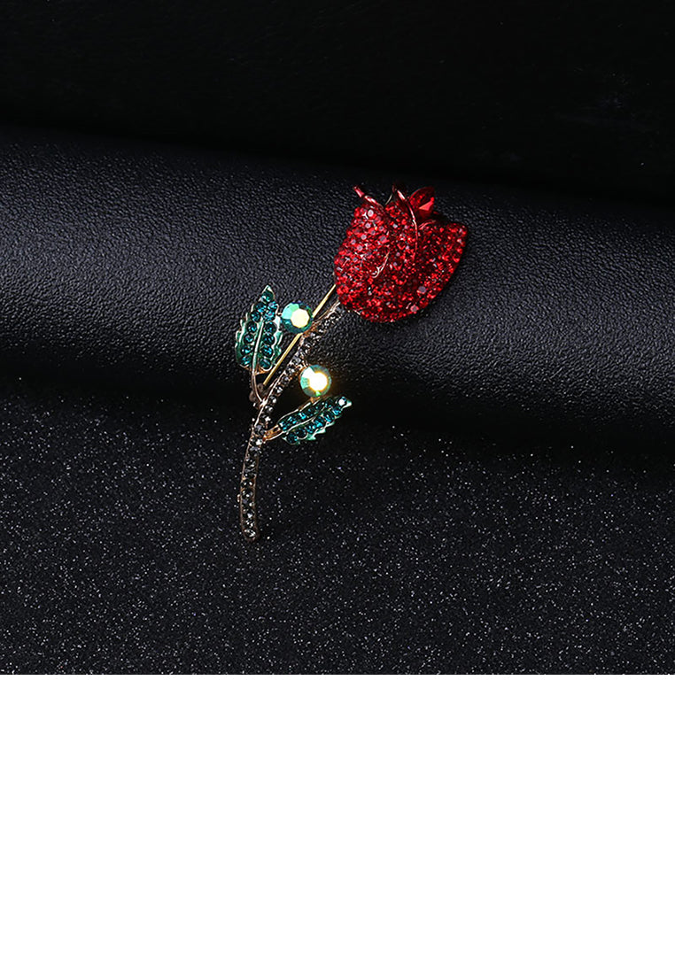 Fashion and Dazzling Plated Gold Rose Brooch with Red Cubic Zirconia - Luxurious Look - Vibrant Color