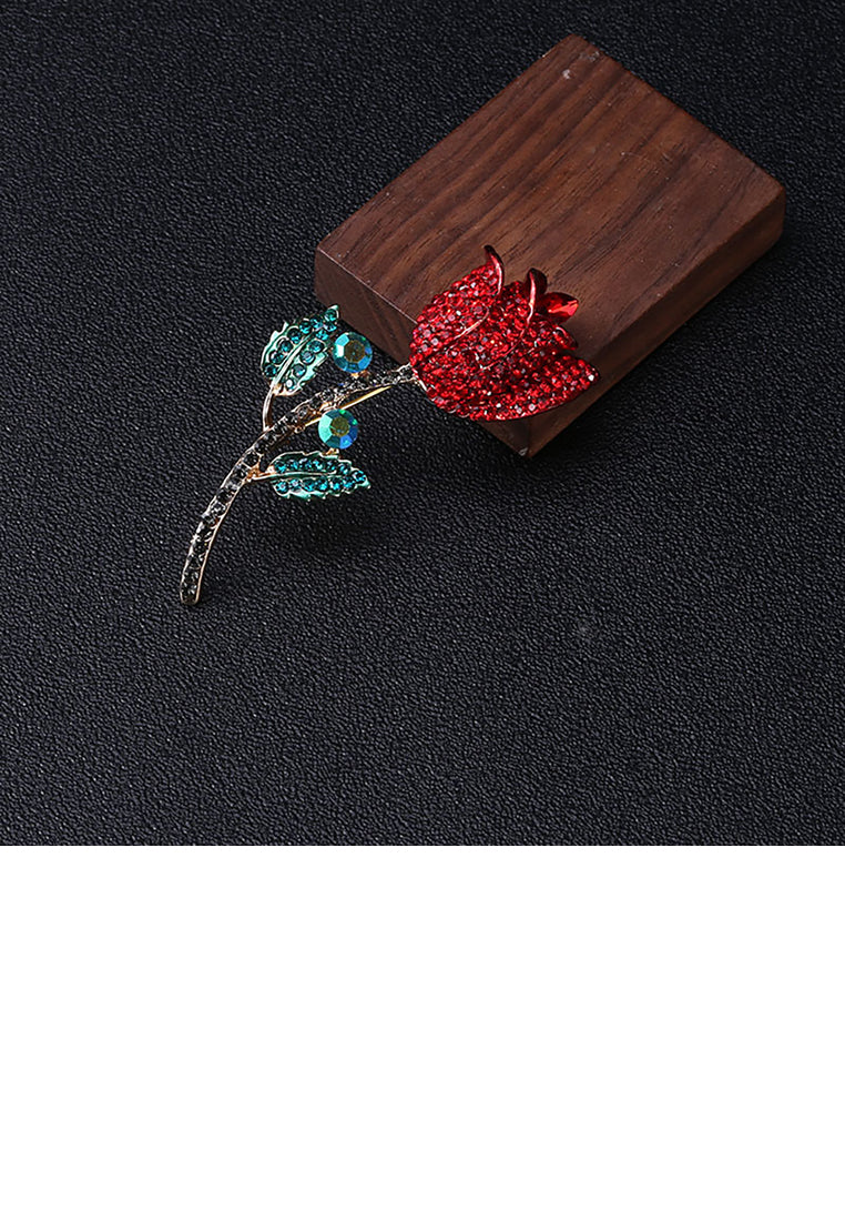 Fashion and Dazzling Plated Gold Rose Brooch with Red Cubic Zirconia - Luxurious Look - Vibrant Color