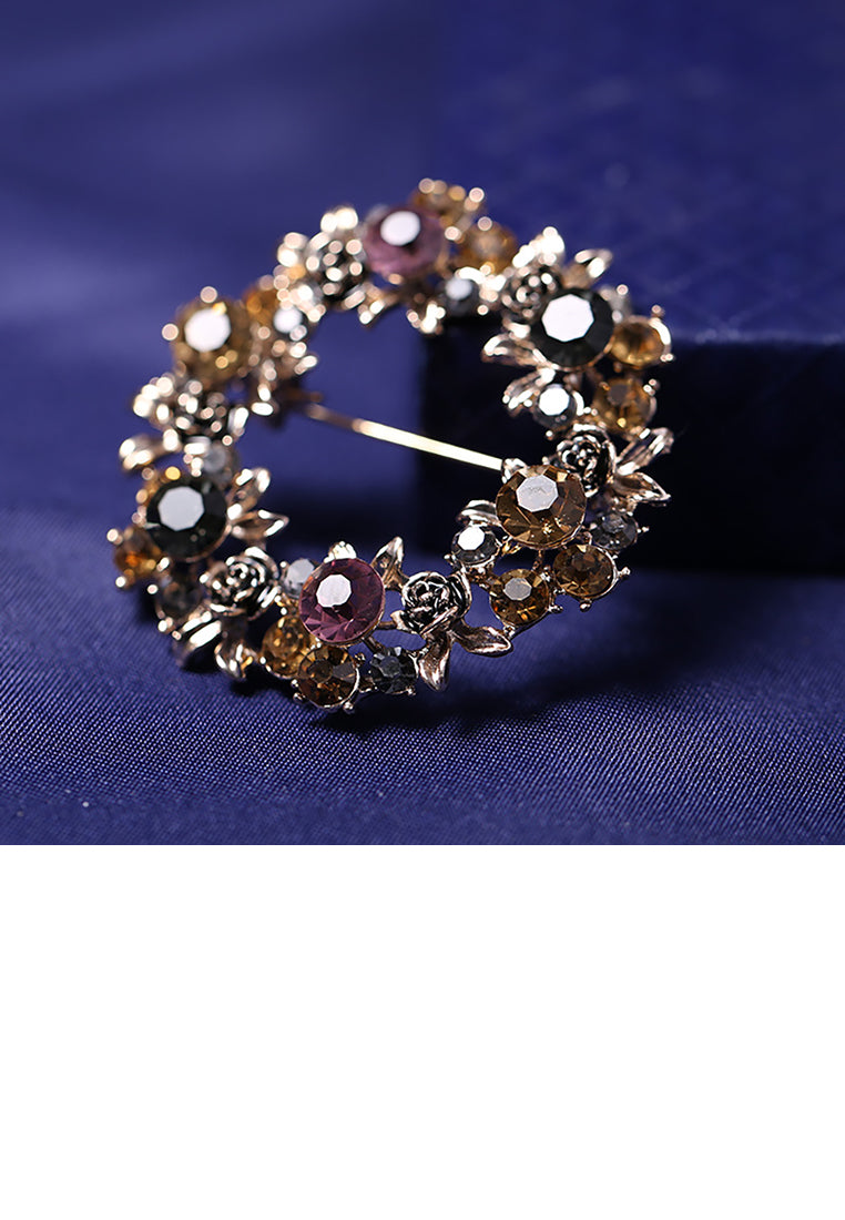 Fashion and Elegant Plated Gold Geometric Rose Round Brooch with Cubic Zirconia - Luxurious Look