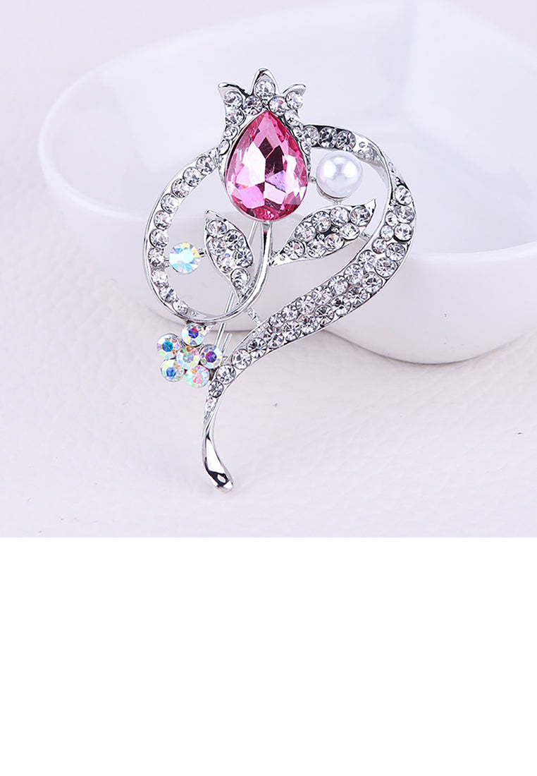 Fashion and Elegant Geometric Flower Imitation Pearl Brooch with Pink Cubic Zirconia - Luxurious Look - Vibrant Color