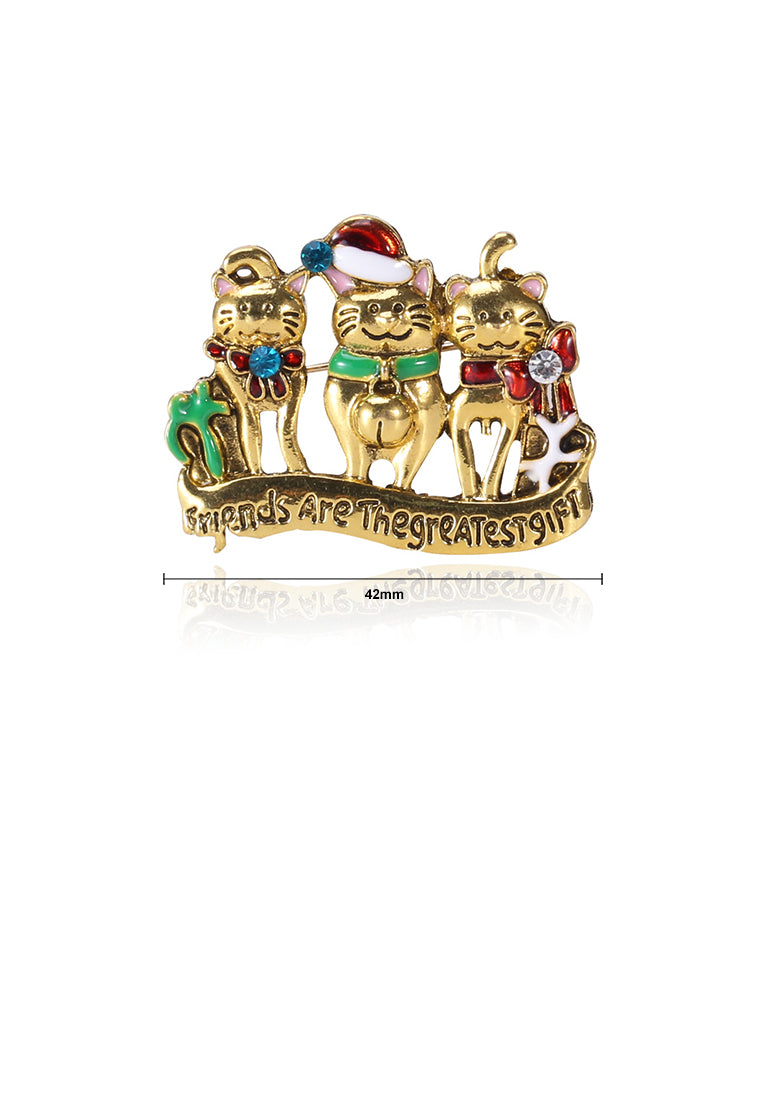 Fashion and Cute Plated Gold Christmas Cat Brooch with Cubic Zirconia - Luxurious Look
