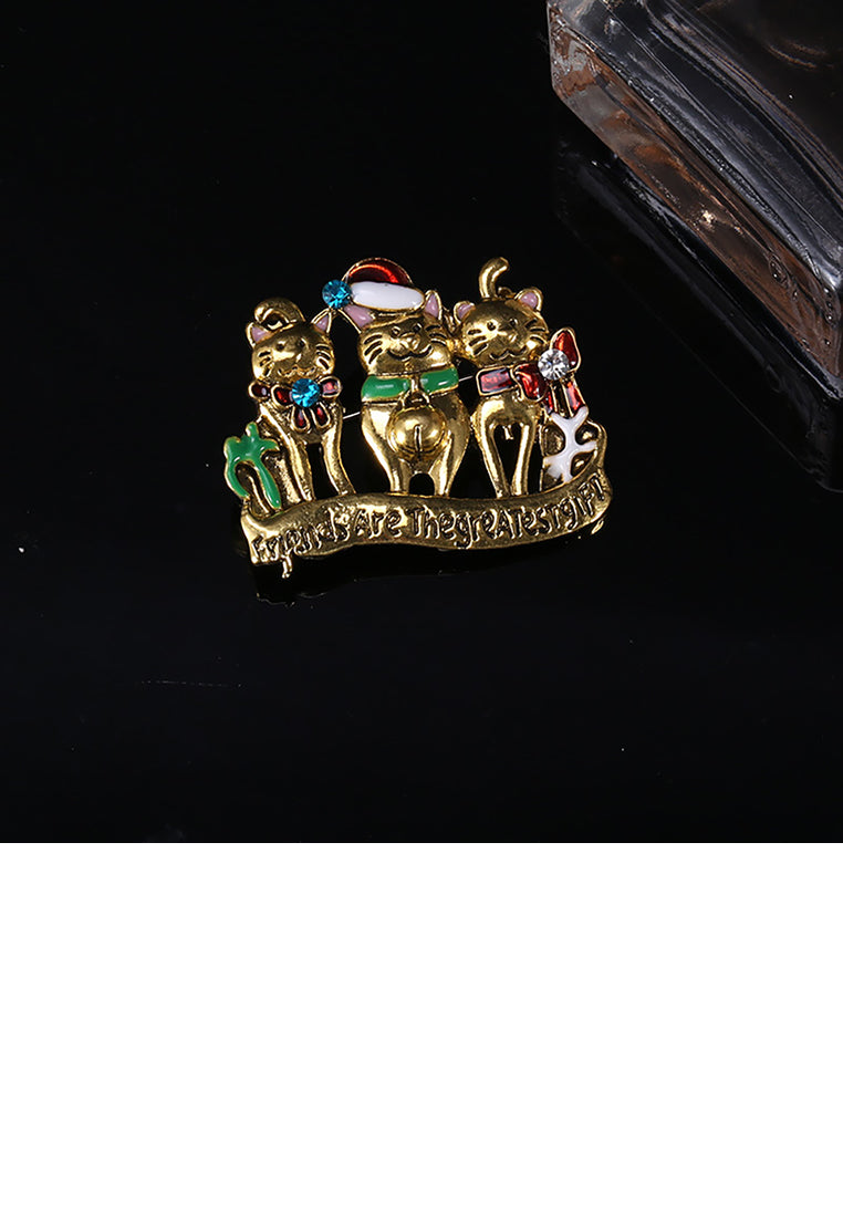 Fashion and Cute Plated Gold Christmas Cat Brooch with Cubic Zirconia - Luxurious Look