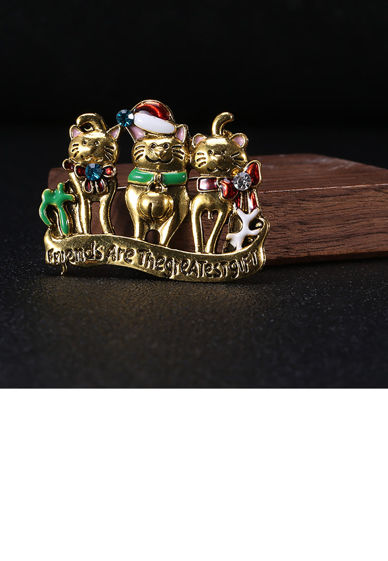 Fashion and Cute Plated Gold Christmas Cat Brooch with Cubic Zirconia - Luxurious Look