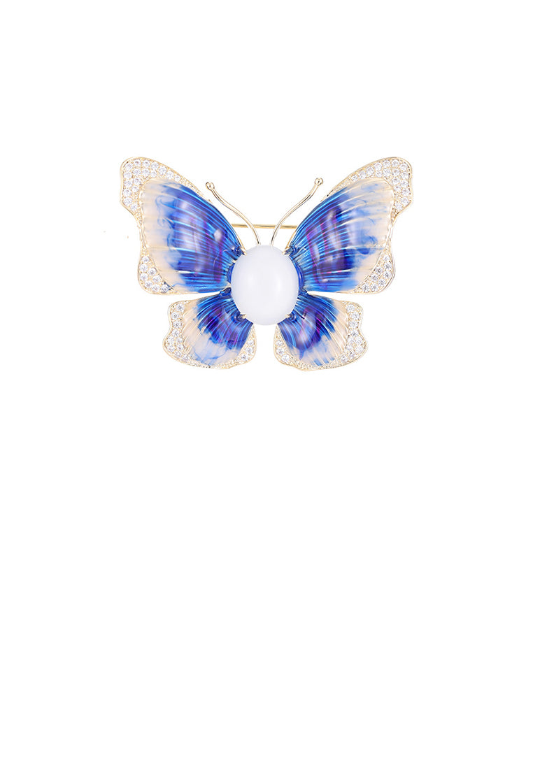 Fashion and Elegant Plated Gold Enamel Blue Butterfly Imitation Pearl Brooch with Cubic Zirconia - Luxurious Look