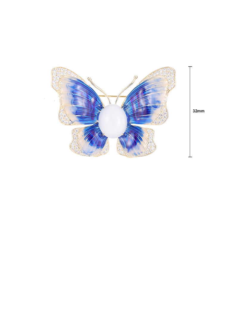 Fashion and Elegant Plated Gold Enamel Blue Butterfly Imitation Pearl Brooch with Cubic Zirconia - Luxurious Look