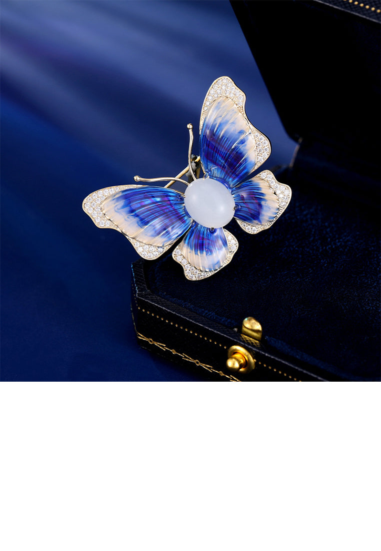 Fashion and Elegant Plated Gold Enamel Blue Butterfly Imitation Pearl Brooch with Cubic Zirconia - Luxurious Look