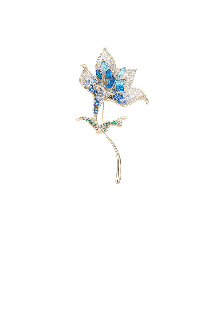 Fashion Brilliant Plated Gold Flower Brooch with Blue Cubic Zirconia - Luxurious Look