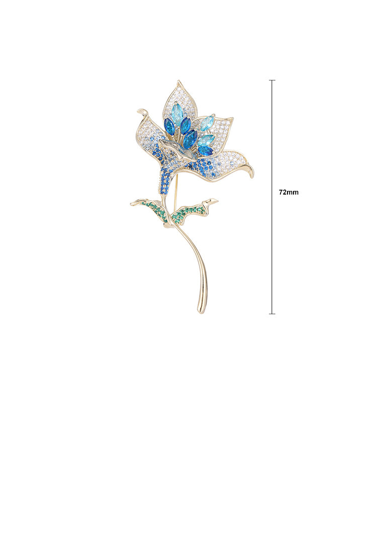 Fashion Brilliant Plated Gold Flower Brooch with Blue Cubic Zirconia - Luxurious Look