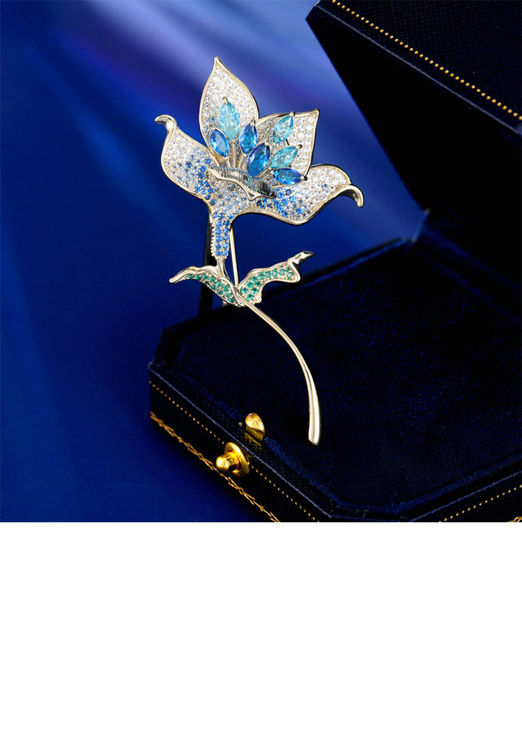 Fashion Brilliant Plated Gold Flower Brooch with Blue Cubic Zirconia - Luxurious Look