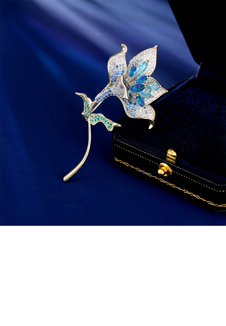 Fashion Brilliant Plated Gold Flower Brooch with Blue Cubic Zirconia - Luxurious Look