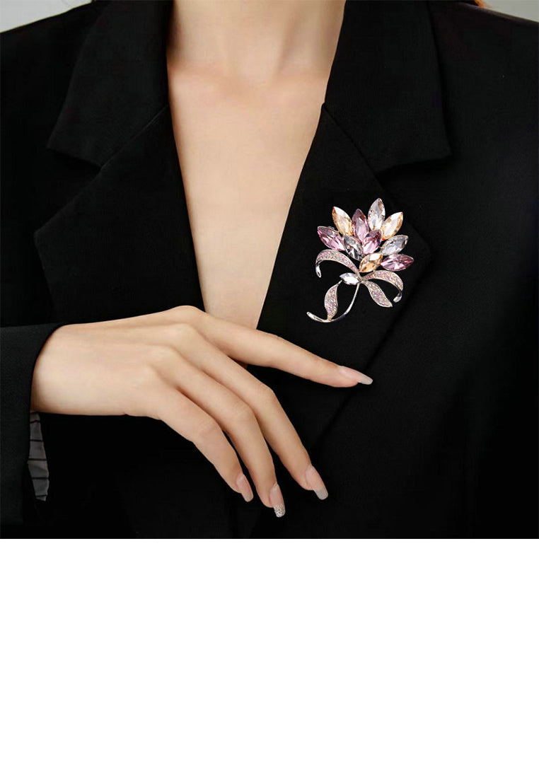 Elegant Temperament Plated Gold Flower Brooch with Colored Cubic Zirconia - Luxurious Look