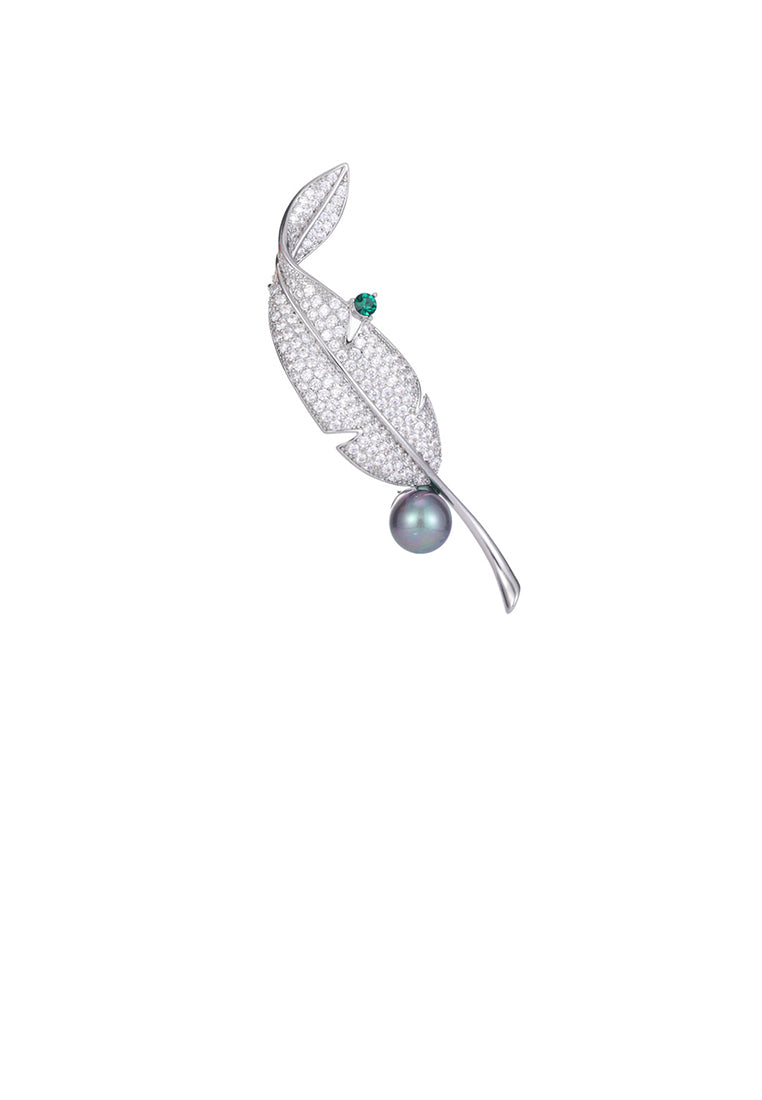 Fashion Temperament Leaf Imitation Pearl Brooch with Cubic Zirconia - Luxurious Look