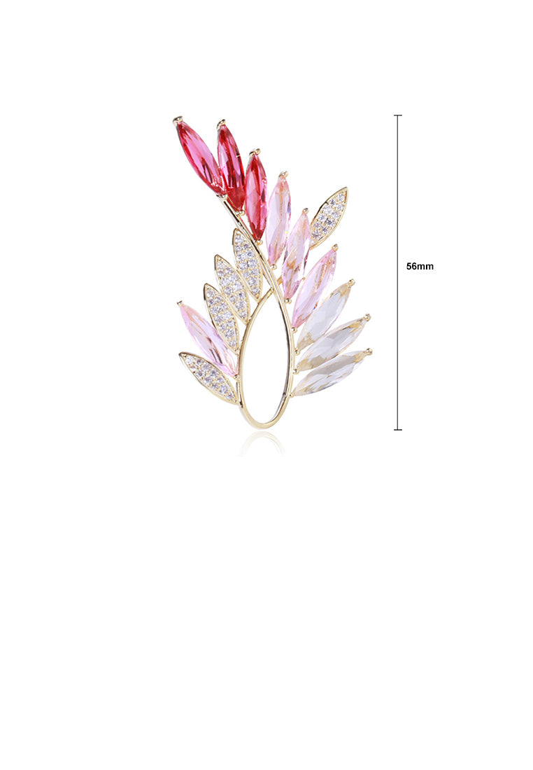 Fashion Simple Plated Gold Olive Branch Brooch with Pink Cubic Zirconia - Luxurious Look - Vibrant Color