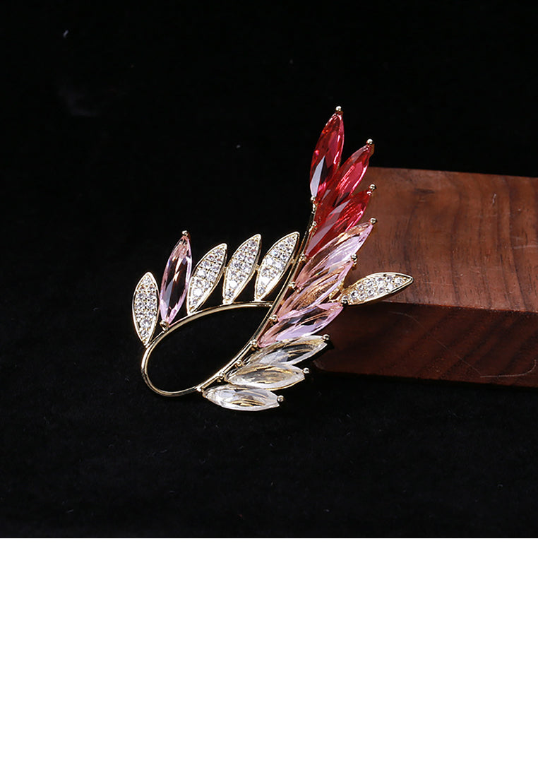 Fashion Simple Plated Gold Olive Branch Brooch with Pink Cubic Zirconia - Luxurious Look - Vibrant Color