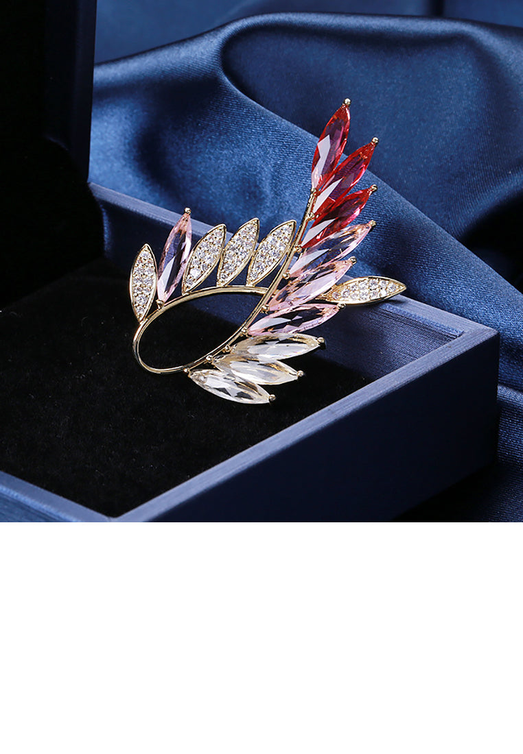Fashion Simple Plated Gold Olive Branch Brooch with Pink Cubic Zirconia - Luxurious Look - Vibrant Color