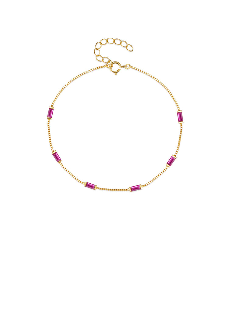 925 Sterling Silver Plated Gold Simple Fashion Geometric Bracelet with Rose Red Cubic Zirconia - Luxurious Look - Vibrant Color